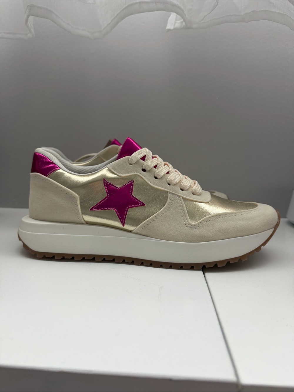 Womens Beige and Pink Star Platform Sneaker
